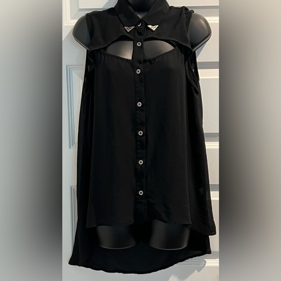 🥈 Poetry Sheer Hi-Low Collar Tip Cut-Out Blouse - Picture 1 of 12